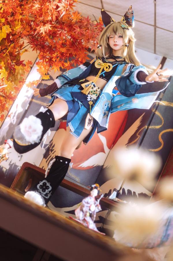 蠢沫沫  蠢沫沫《原神》绮良良Cosplay写真 纸箱猫娘和风枫叶萌系可爱美图第12张图片