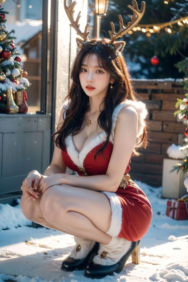    AI美女-拟实-圣诞鹿角女郎 户外雪景低胸礼服性感COS角色扮演写真第2张图片
