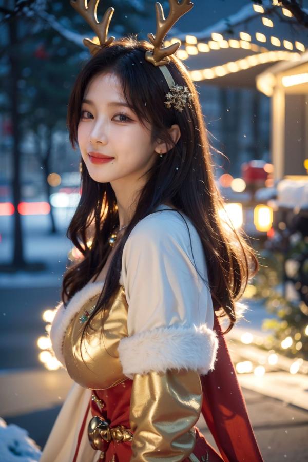    AI美女-拟实-圣诞鹿角女郎 户外雪景低胸礼服性感COS角色扮演写真第8张图片