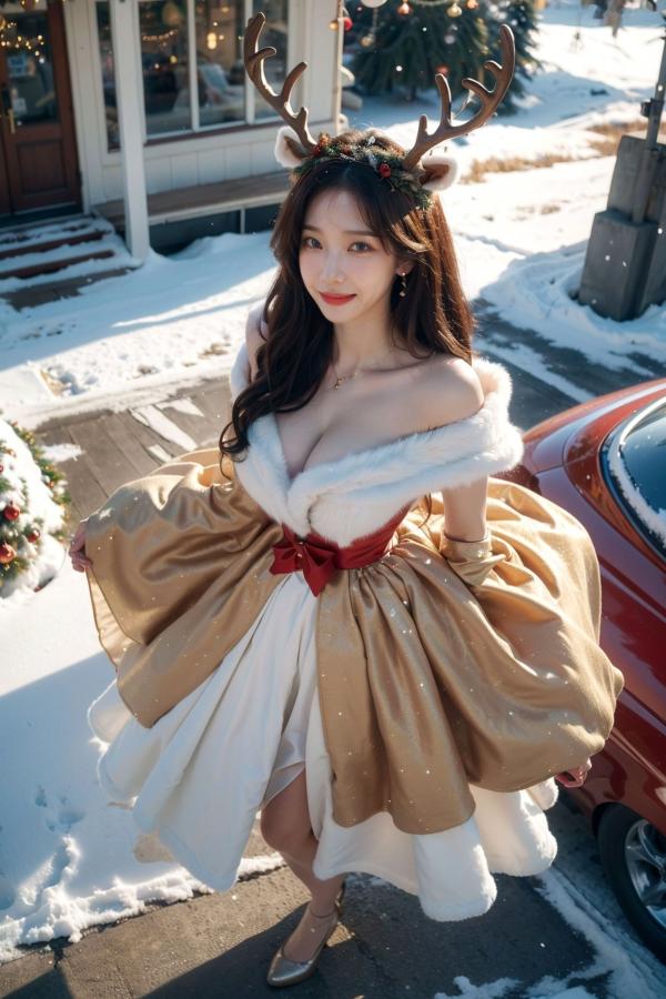    AI美女-拟实-圣诞鹿角女郎 户外雪景低胸礼服性感COS角色扮演写真第13张图片