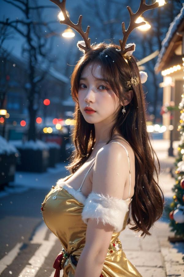    AI美女-拟实-圣诞鹿角女郎 户外雪景低胸礼服性感COS角色扮演写真第16张图片