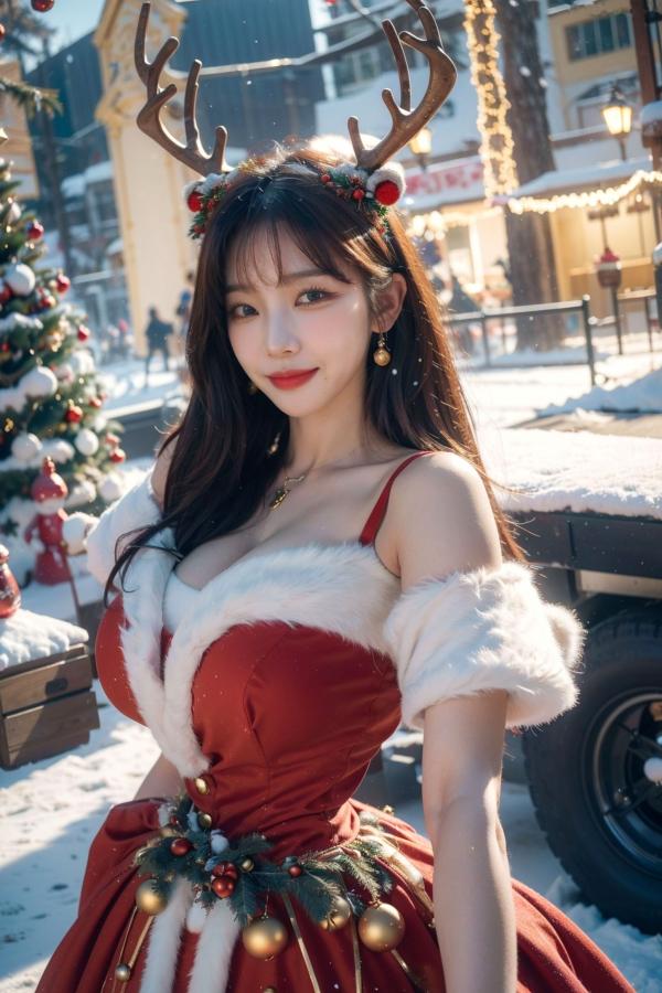    AI美女-拟实-圣诞鹿角女郎 户外雪景低胸礼服性感COS角色扮演写真第19张图片