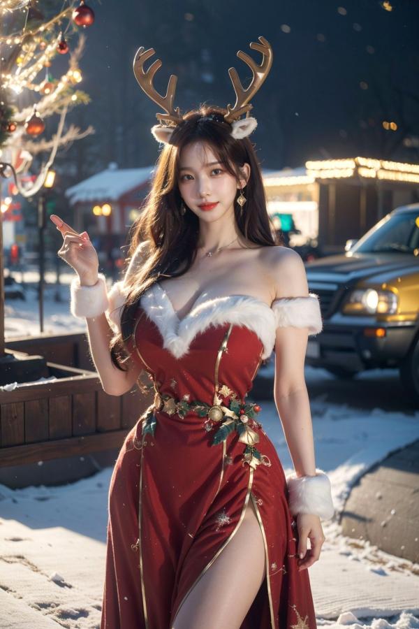    AI美女-拟实-圣诞鹿角女郎 户外雪景低胸礼服性感COS角色扮演写真第23张图片