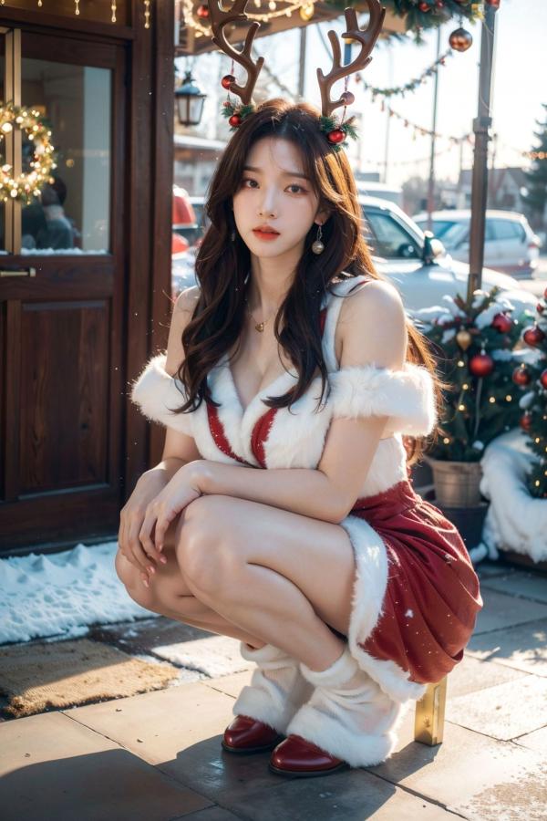    AI美女-拟实-圣诞鹿角女郎 户外雪景低胸礼服性感COS角色扮演写真第27张图片