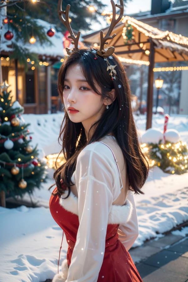    AI美女-拟实-圣诞鹿角女郎 户外雪景低胸礼服性感COS角色扮演写真第28张图片