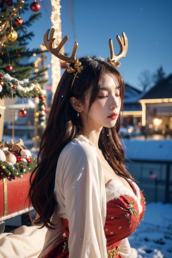    AI美女-拟实-圣诞鹿角女郎 户外雪景低胸礼服性感COS角色扮演写真第32张图片