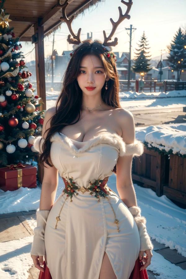    AI美女-拟实-圣诞鹿角女郎 户外雪景低胸礼服性感COS角色扮演写真第36张图片