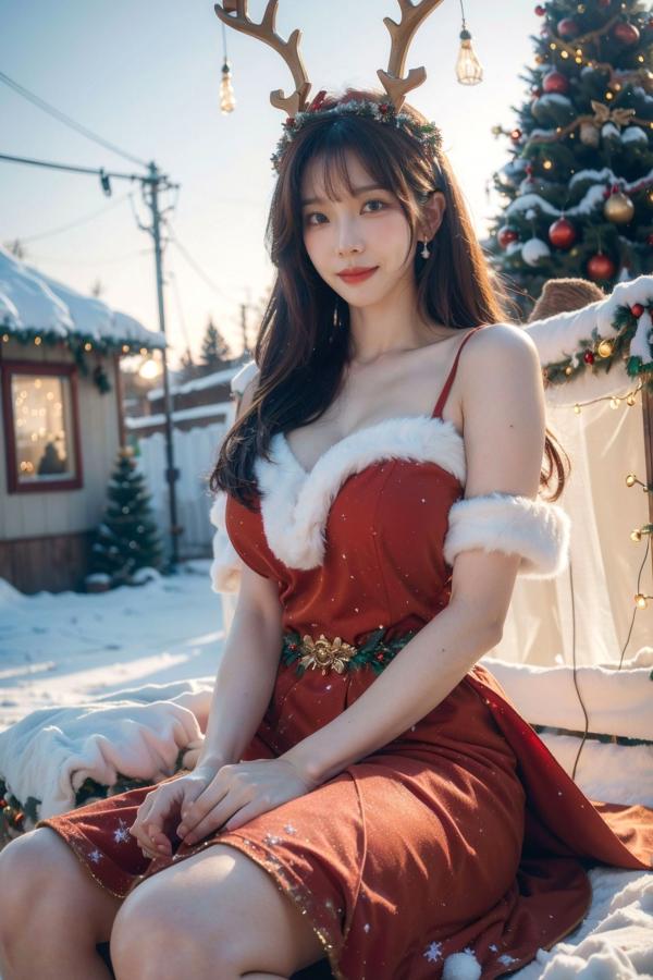    AI美女-拟实-圣诞鹿角女郎 户外雪景低胸礼服性感COS角色扮演写真第42张图片