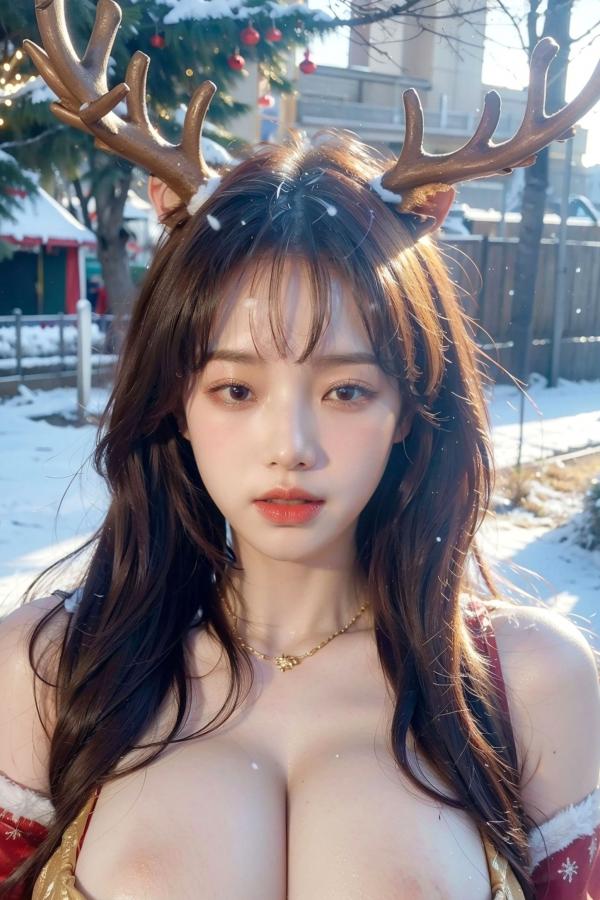    AI美女-拟实-圣诞鹿角女郎 户外雪景低胸礼服性感COS角色扮演写真第76张图片