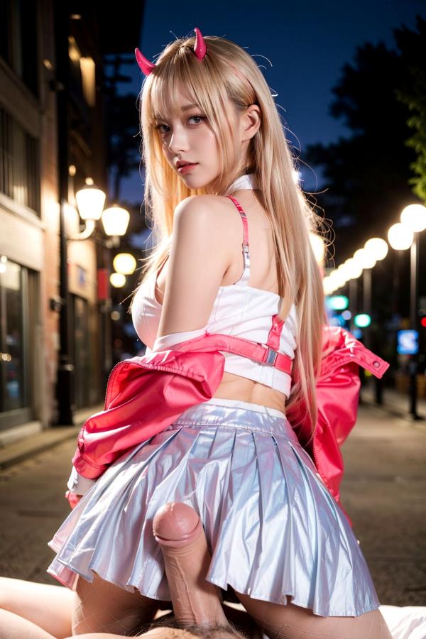    AI美女-拟实-粉衣银色短裙小恶魔 户外街拍角色扮演大尺度诱惑写真第9张图片