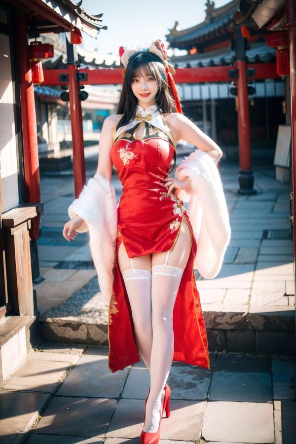    AI美女-拟实-红旗袍猫耳cos 古风庭院性感开衩旗袍美臀诱惑写真第2张图片