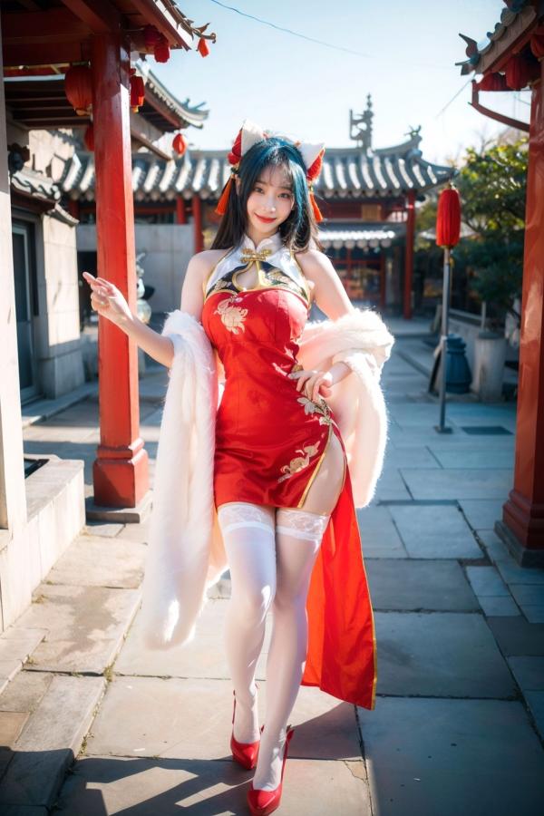    AI美女-拟实-红旗袍猫耳cos 古风庭院性感开衩旗袍美臀诱惑写真第3张图片