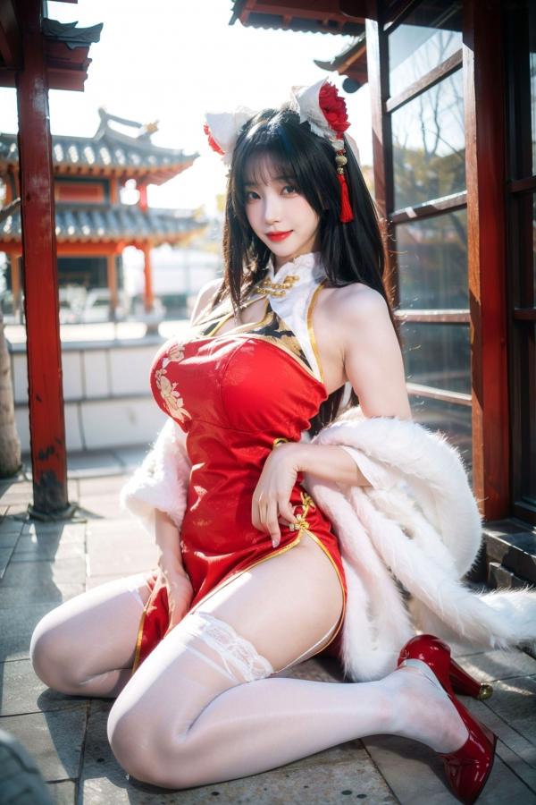    AI美女-拟实-红旗袍猫耳cos 古风庭院性感开衩旗袍美臀诱惑写真第4张图片