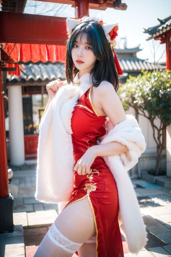    AI美女-拟实-红旗袍猫耳cos 古风庭院性感开衩旗袍美臀诱惑写真第5张图片