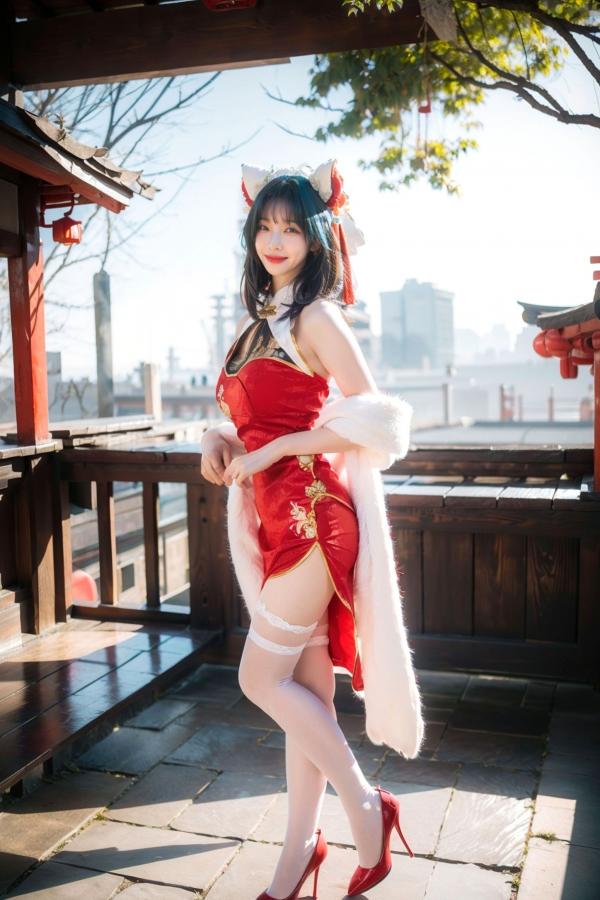    AI美女-拟实-红旗袍猫耳cos 古风庭院性感开衩旗袍美臀诱惑写真第6张图片