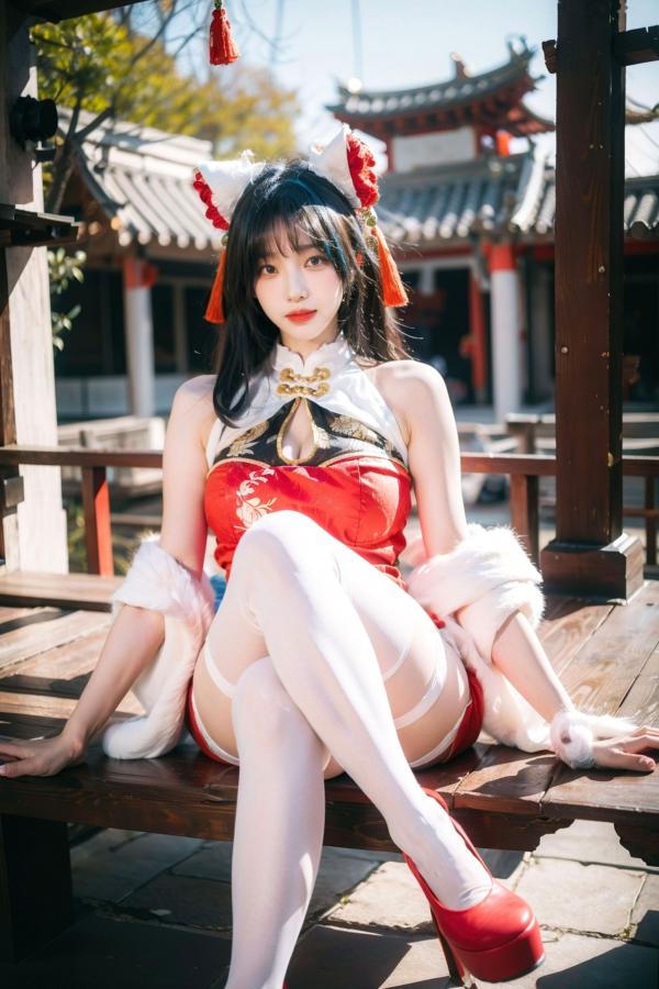    AI美女-拟实-红旗袍猫耳cos 古风庭院性感开衩旗袍美臀诱惑写真第7张图片