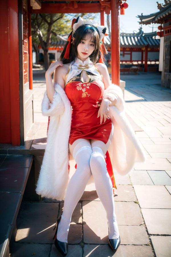    AI美女-拟实-红旗袍猫耳cos 古风庭院性感开衩旗袍美臀诱惑写真第8张图片