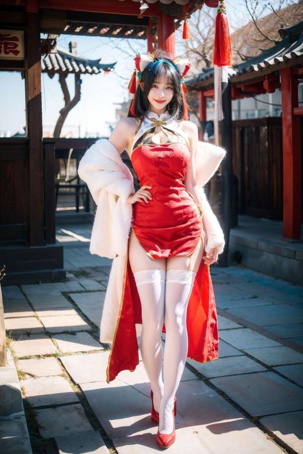   AI美女-拟实-红旗袍猫耳cos 古风庭院性感开衩旗袍美臀诱惑写真第9张图片