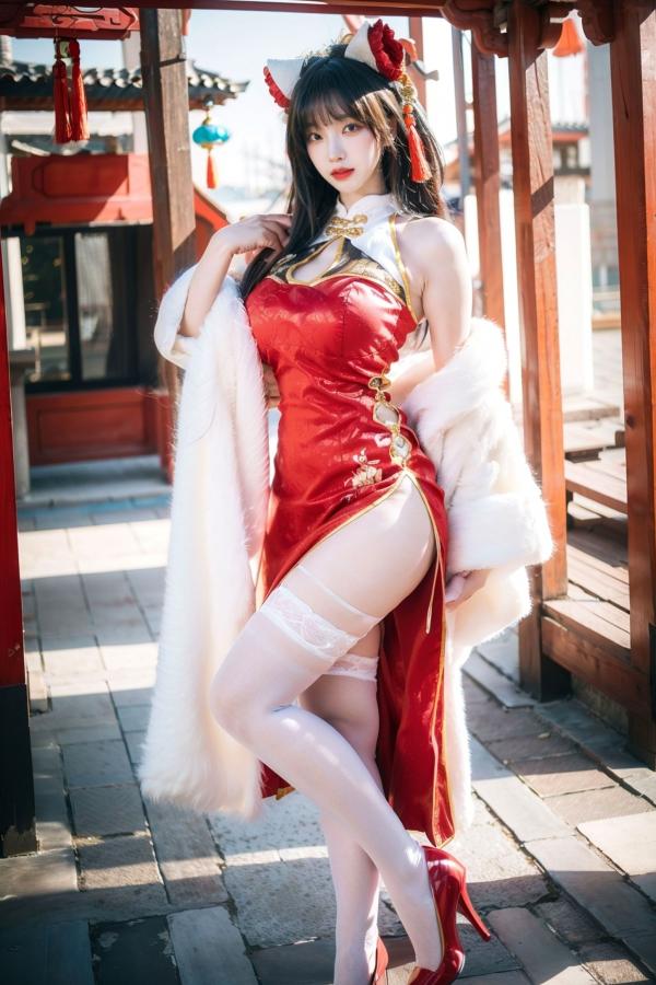    AI美女-拟实-红旗袍猫耳cos 古风庭院性感开衩旗袍美臀诱惑写真第10张图片
