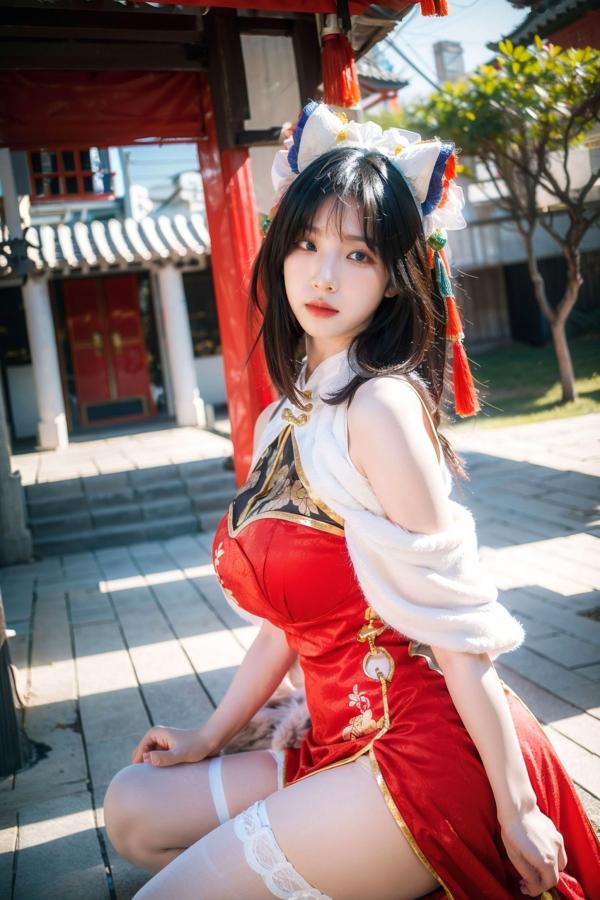    AI美女-拟实-红旗袍猫耳cos 古风庭院性感开衩旗袍美臀诱惑写真第11张图片