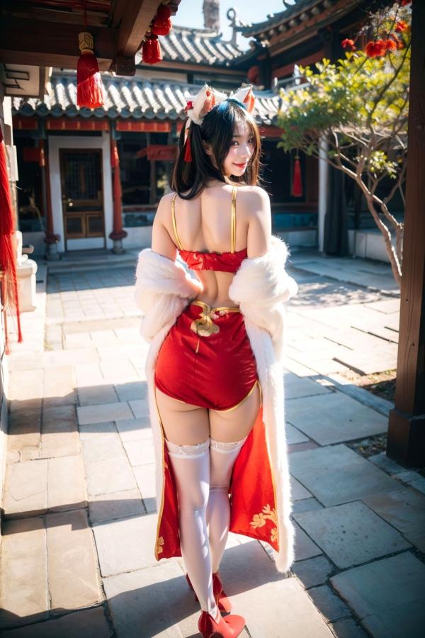    AI美女-拟实-红旗袍猫耳cos 古风庭院性感开衩旗袍美臀诱惑写真第12张图片