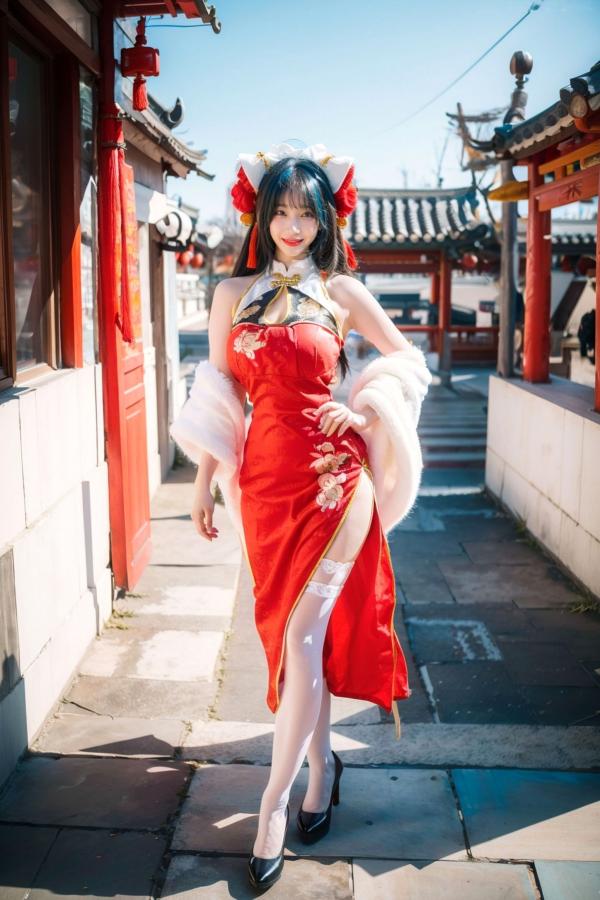    AI美女-拟实-红旗袍猫耳cos 古风庭院性感开衩旗袍美臀诱惑写真第13张图片