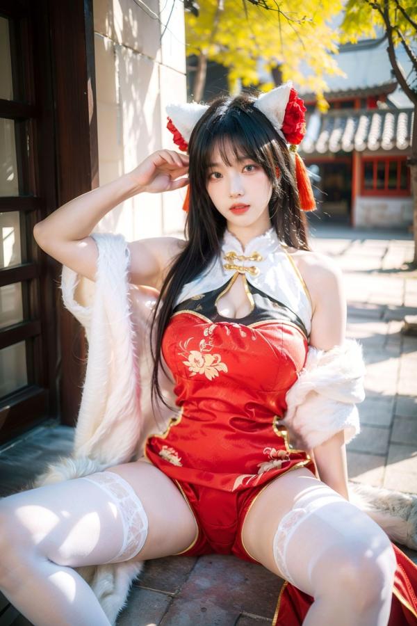    AI美女-拟实-红旗袍猫耳cos 古风庭院性感开衩旗袍美臀诱惑写真第14张图片