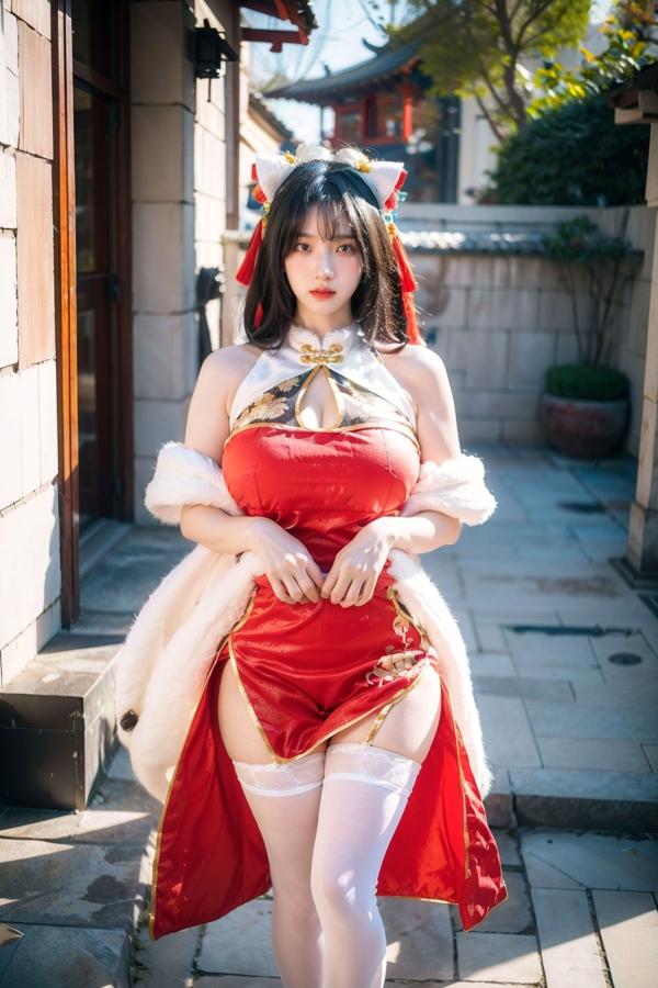    AI美女-拟实-红旗袍猫耳cos 古风庭院性感开衩旗袍美臀诱惑写真第15张图片