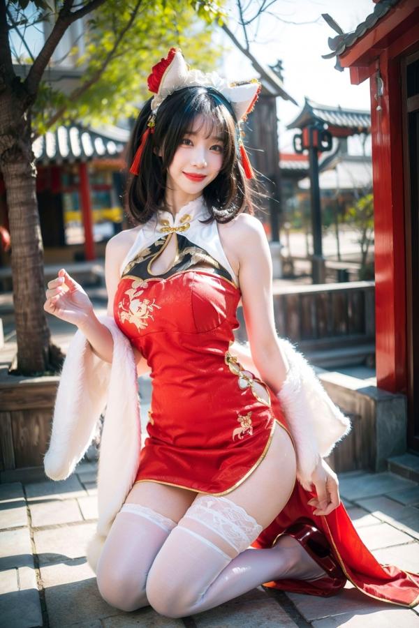    AI美女-拟实-红旗袍猫耳cos 古风庭院性感开衩旗袍美臀诱惑写真第17张图片