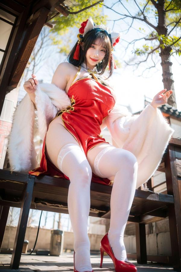    AI美女-拟实-红旗袍猫耳cos 古风庭院性感开衩旗袍美臀诱惑写真第19张图片