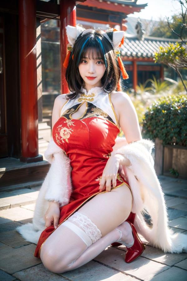    AI美女-拟实-红旗袍猫耳cos 古风庭院性感开衩旗袍美臀诱惑写真第20张图片