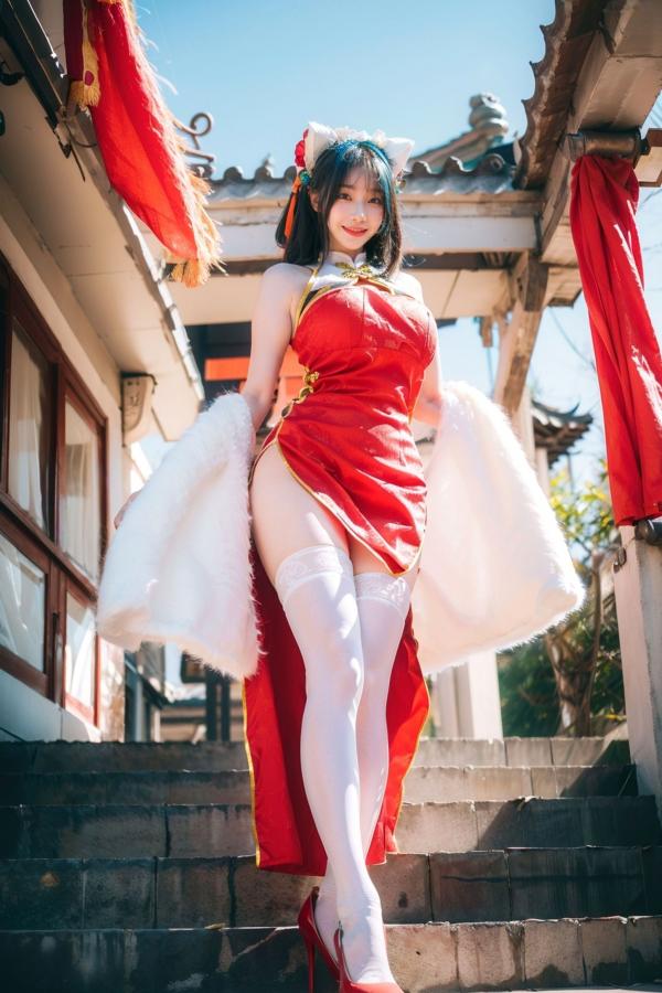    AI美女-拟实-红旗袍猫耳cos 古风庭院性感开衩旗袍美臀诱惑写真第21张图片