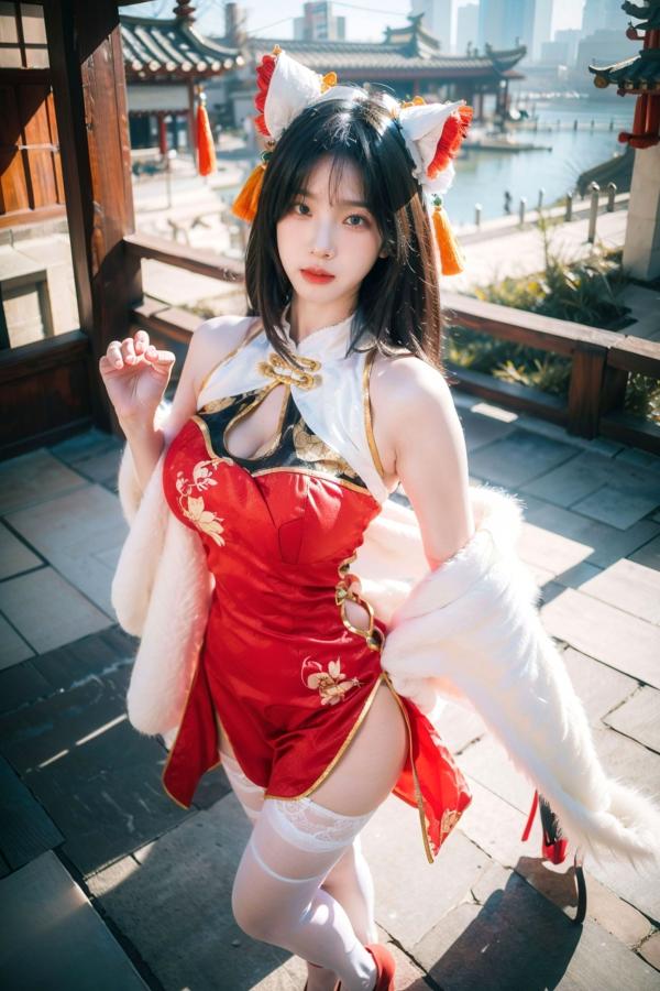   AI美女-拟实-红旗袍猫耳cos 古风庭院性感开衩旗袍美臀诱惑写真第22张图片