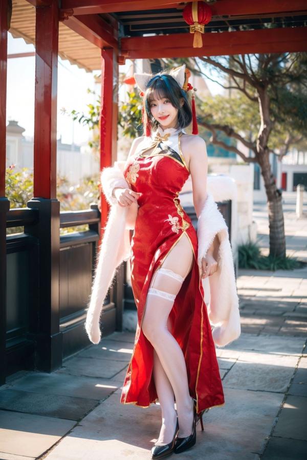    AI美女-拟实-红旗袍猫耳cos 古风庭院性感开衩旗袍美臀诱惑写真第23张图片