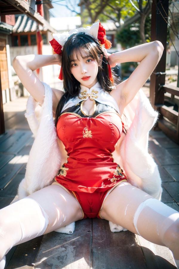    AI美女-拟实-红旗袍猫耳cos 古风庭院性感开衩旗袍美臀诱惑写真第27张图片