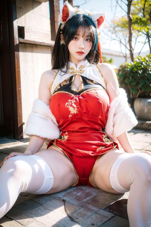    AI美女-拟实-红旗袍猫耳cos 古风庭院性感开衩旗袍美臀诱惑写真第28张图片