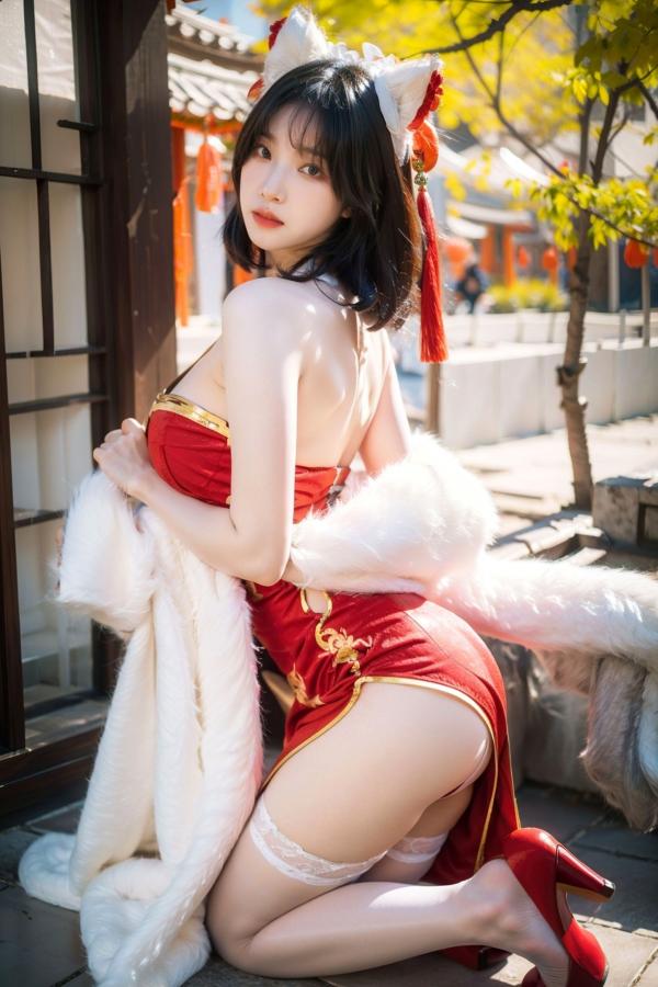    AI美女-拟实-红旗袍猫耳cos 古风庭院性感开衩旗袍美臀诱惑写真第31张图片