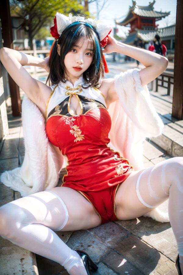    AI美女-拟实-红旗袍猫耳cos 古风庭院性感开衩旗袍美臀诱惑写真第34张图片