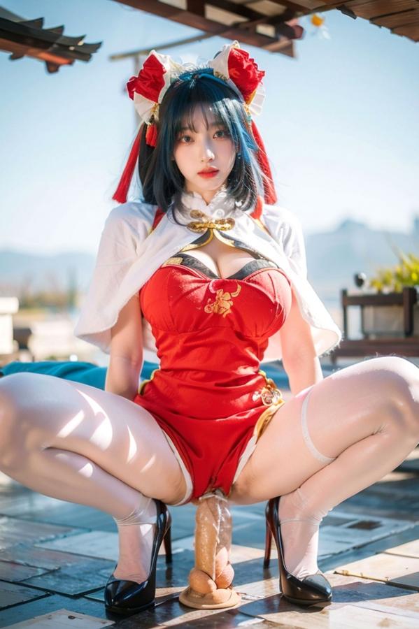    AI美女-拟实-红旗袍猫耳cos 古风庭院性感开衩旗袍美臀诱惑写真第41张图片