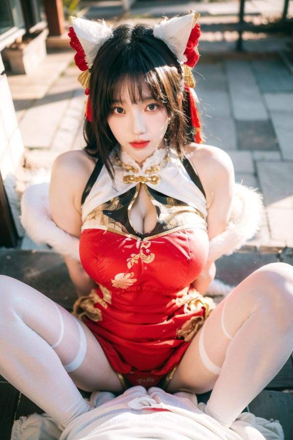    AI美女-拟实-红旗袍猫耳cos 古风庭院性感开衩旗袍美臀诱惑写真第42张图片