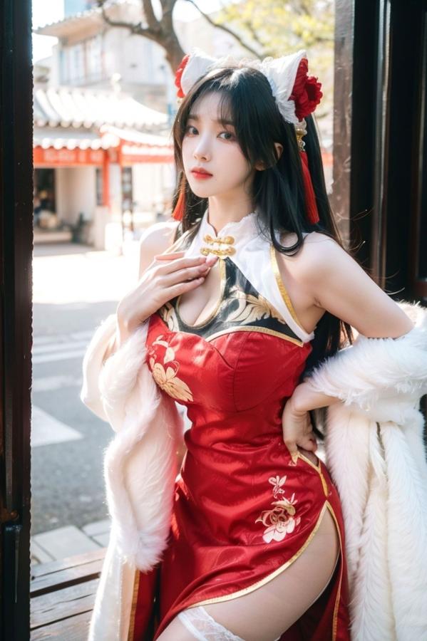   AI美女-拟实-红旗袍猫耳cos 古风庭院性感开衩旗袍美臀诱惑写真第44张图片