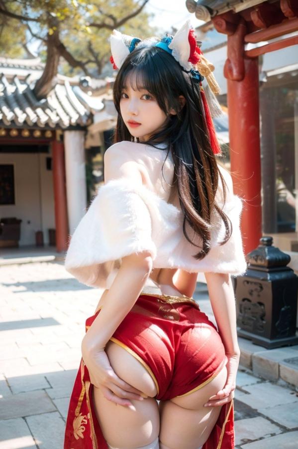    AI美女-拟实-红旗袍猫耳cos 古风庭院性感开衩旗袍美臀诱惑写真第46张图片