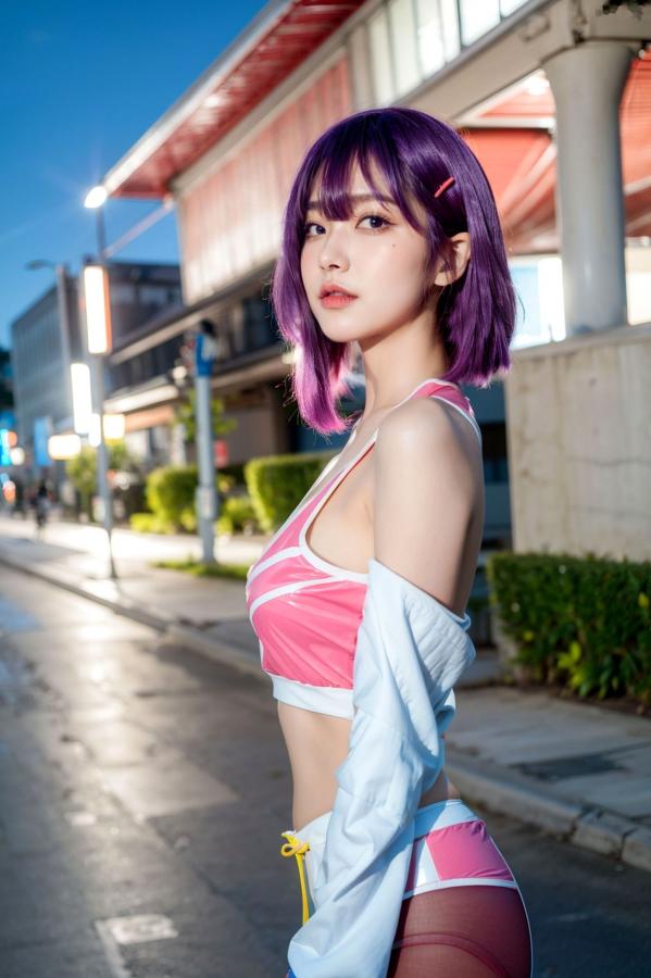    AI美女-拟实-蓝色外套粉色运动背心短裤紫色短发美女 户外街拍性感黑丝诱惑写真第1张图片