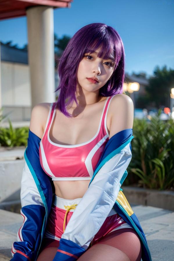    AI美女-拟实-蓝色外套粉色运动背心短裤紫色短发美女 户外街拍性感黑丝诱惑写真第2张图片