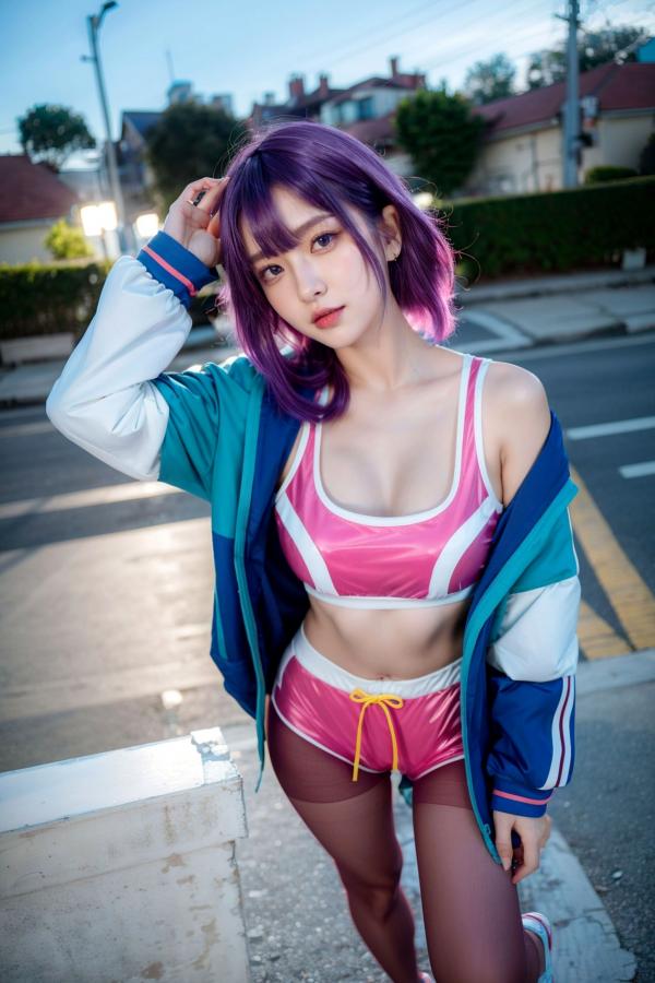    AI美女-拟实-蓝色外套粉色运动背心短裤紫色短发美女 户外街拍性感黑丝诱惑写真第3张图片
