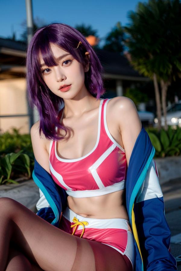    AI美女-拟实-蓝色外套粉色运动背心短裤紫色短发美女 户外街拍性感黑丝诱惑写真第4张图片