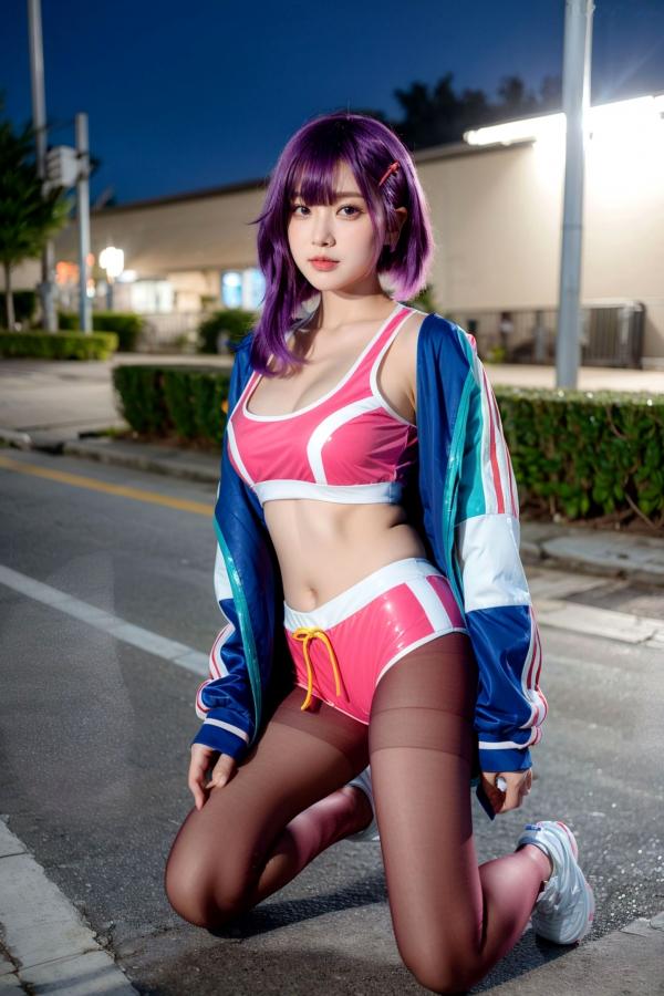    AI美女-拟实-蓝色外套粉色运动背心短裤紫色短发美女 户外街拍性感黑丝诱惑写真第5张图片