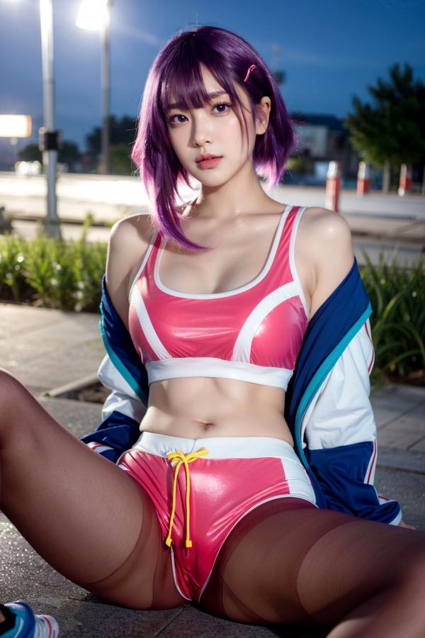    AI美女-拟实-蓝色外套粉色运动背心短裤紫色短发美女 户外街拍性感黑丝诱惑写真第7张图片