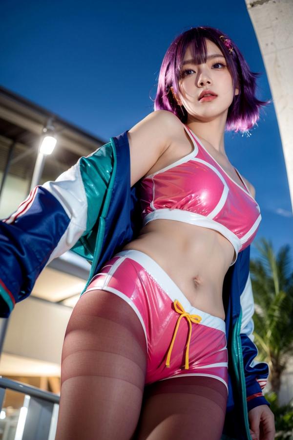    AI美女-拟实-蓝色外套粉色运动背心短裤紫色短发美女 户外街拍性感黑丝诱惑写真第8张图片
