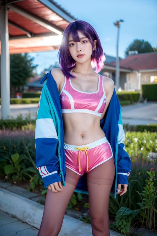    AI美女-拟实-蓝色外套粉色运动背心短裤紫色短发美女 户外街拍性感黑丝诱惑写真第9张图片
